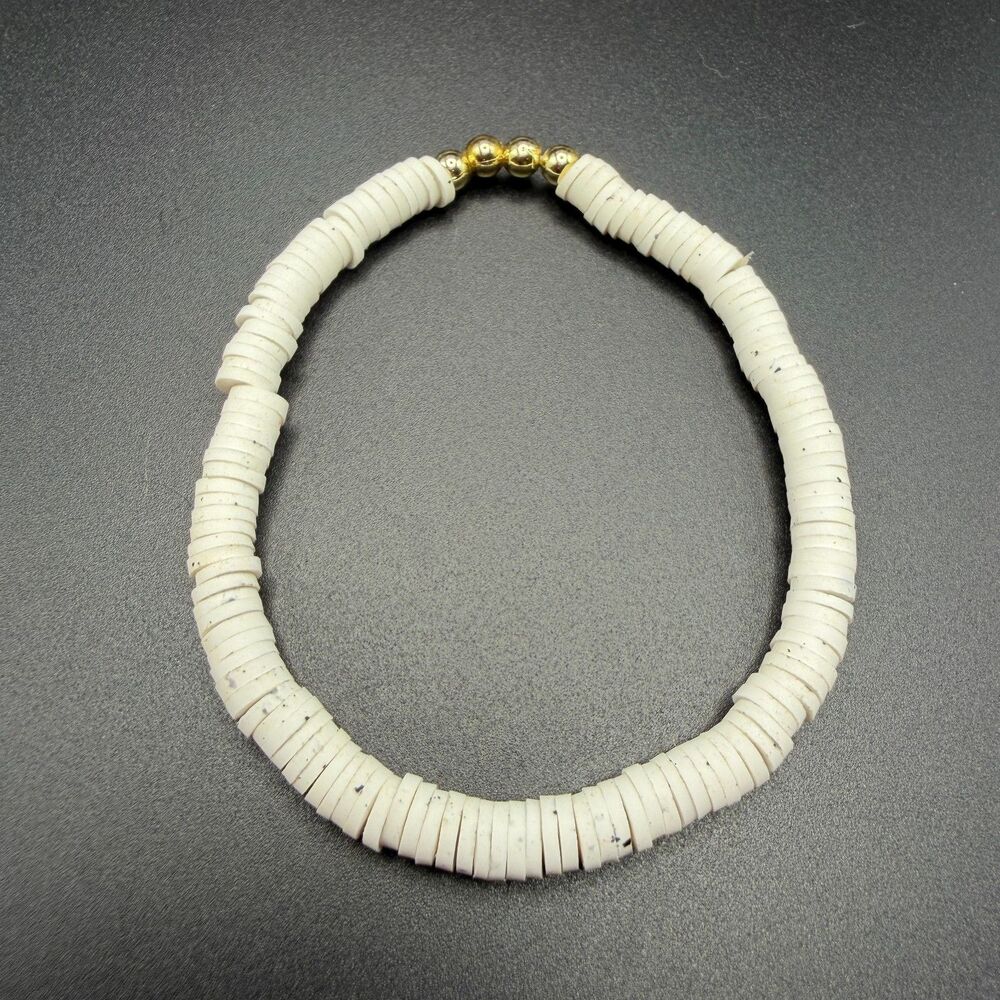 White Heishi Puka Shell Stretch Bracelet Gold Beads Hawaiian Beach